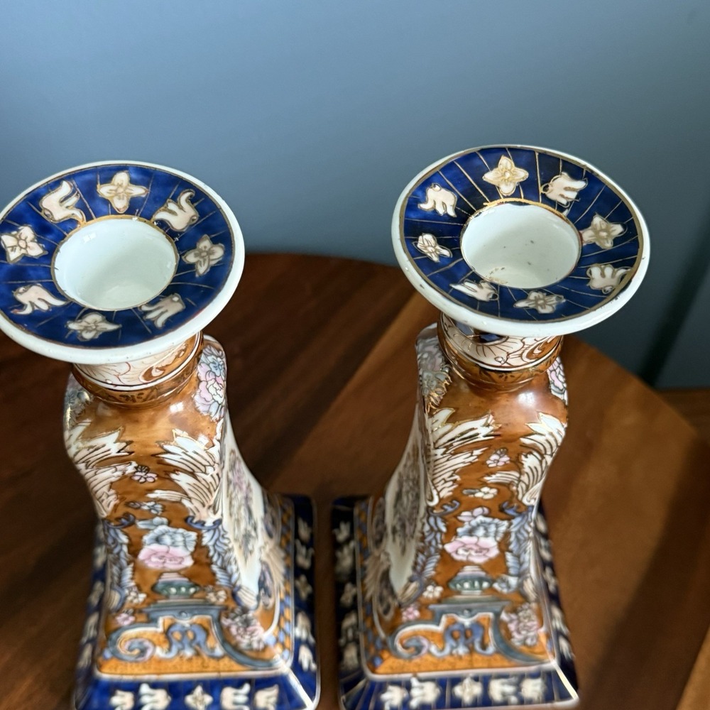 Vintage Pair Asian Imari Style Porcelain Candlesticks Blue Gold Floral 9" Tall - Picture 8 of 11